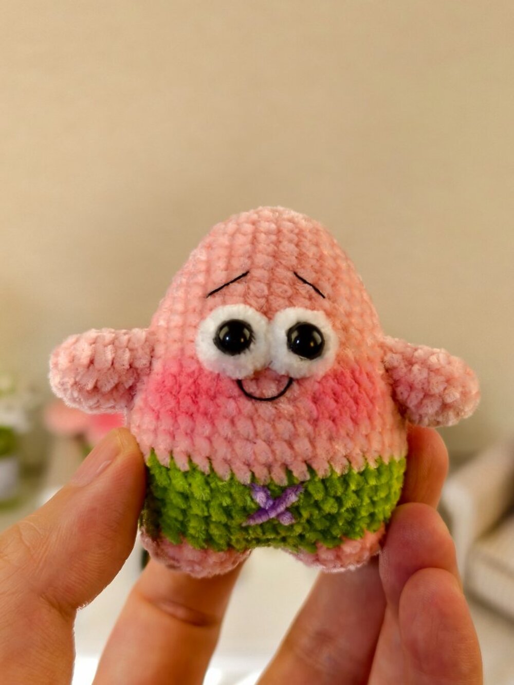 Handmade Amigurumi Crochet Patrick With a Wronged Expression Plushie